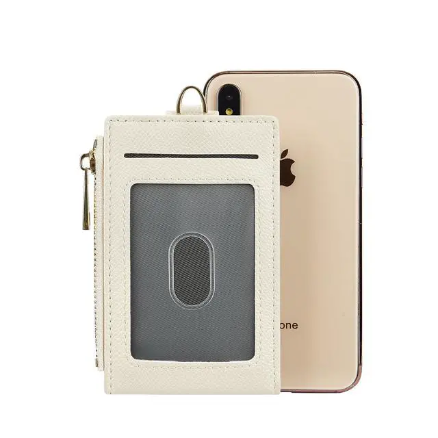 Alt view image 6 of 7 - Women Leather RFID Blocking Card Holder Slim Small Zipper Keychain Front Pocket Wallet with 2 ID Window, beige