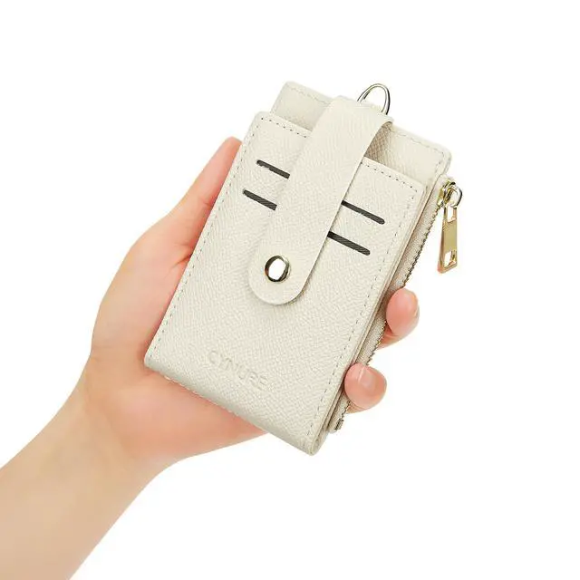 Alt view image 7 of 7 - Women Leather RFID Blocking Card Holder Slim Small Zipper Keychain Front Pocket Wallet with 2 ID Window, beige