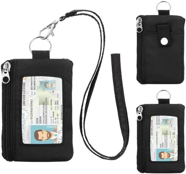 Main image of Minimalist RFID Wallet with Lanyard, Multi-Functional ID Case with 2 Zipper Pockets and Key Chain for Men and Women, Tactical Badge Pouch Cards Holder, Coin Purse for Travel Sports-Black