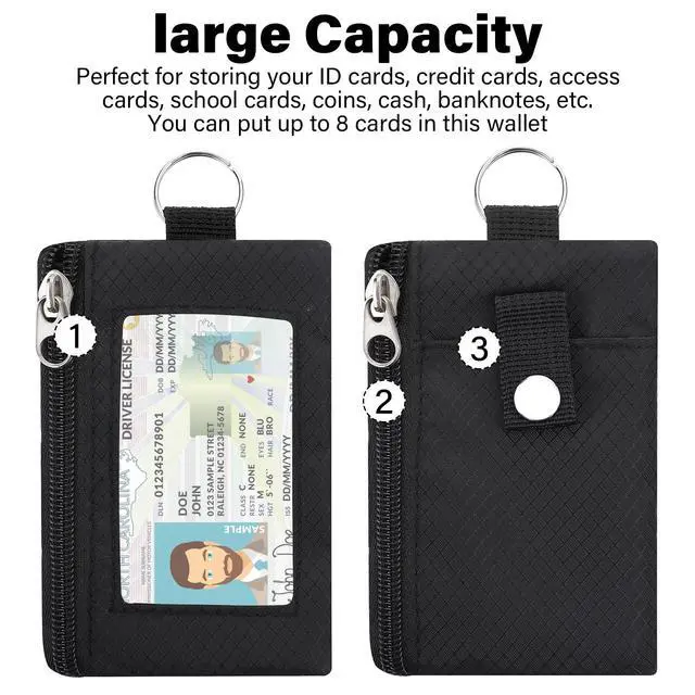 Alt view image 2 of 7 - Minimalist RFID Wallet with Lanyard, Multi-Functional ID Case with 2 Zipper Pockets and Key Chain for Men and Women, Tactical Badge Pouch Cards Holder, Coin Purse for Travel Sports-Black