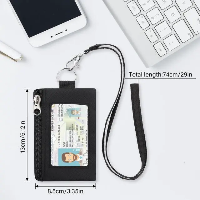 Alt view image 3 of 7 - Minimalist RFID Wallet with Lanyard, Multi-Functional ID Case with 2 Zipper Pockets and Key Chain for Men and Women, Tactical Badge Pouch Cards Holder, Coin Purse for Travel Sports-Black