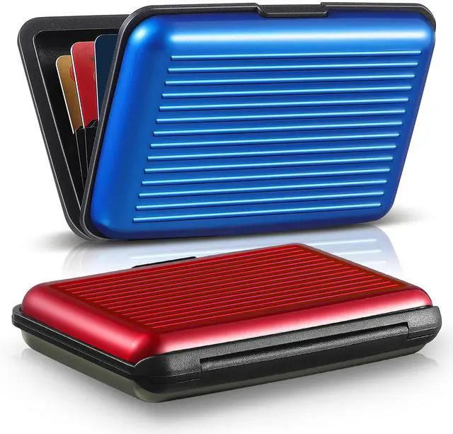 Main image of 2 Pieces Credit Card Holder Slim Mini Rfid Blocking Credit Card Protector Aluminum Business Box Metal ID Organizer Wallet with 6 Slots for Women Men(Red, Blue)