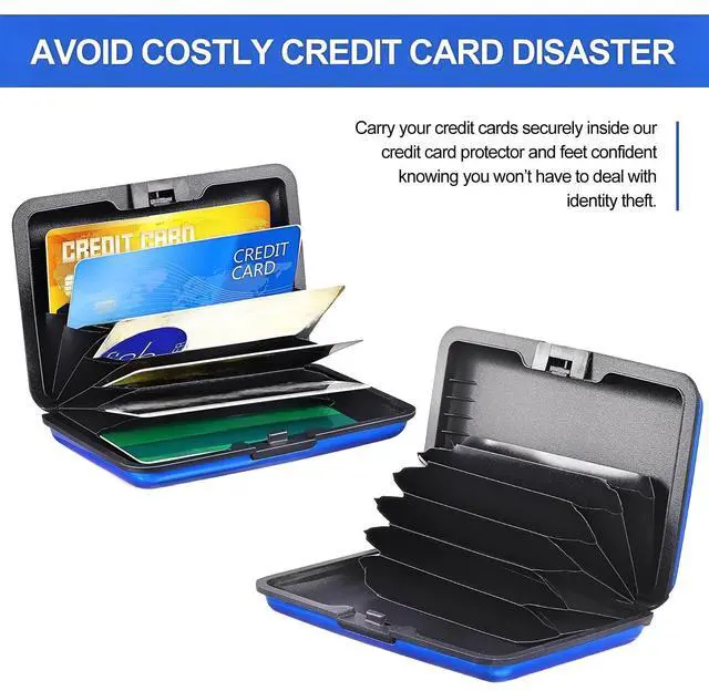 Alt view image 2 of 7 - 2 Pieces Credit Card Holder Slim Mini Rfid Blocking Credit Card Protector Aluminum Business Box Metal ID Organizer Wallet with 6 Slots for Women Men(Red, Blue)