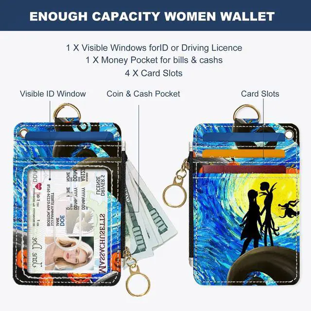 Alt view image 3 of 6 - Slim Wallet Credit Card Holder, Stars and Couples, RFID Wallet Women Cute Small Front Pocket Wallet With Zipper, PU Leather Thin travel RFID Blocking Card Case ID Window,Ladies Gifts