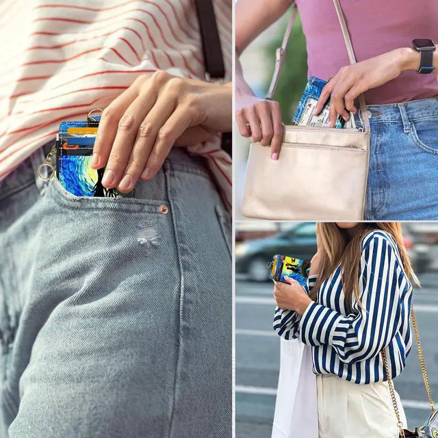 Alt view image 5 of 6 - Slim Wallet Credit Card Holder, Stars and Couples, RFID Wallet Women Cute Small Front Pocket Wallet With Zipper, PU Leather Thin travel RFID Blocking Card Case ID Window,Ladies Gifts