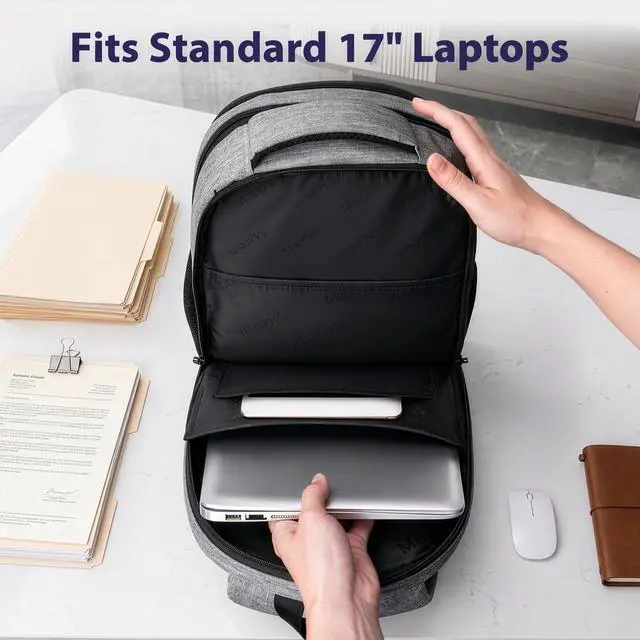 Alt view image 2 of 7 - Travel Laptop Backpack, 17 Inch Work TSA Approved Carry on Backpack, Large Computer Business Bag for Men Women with Trolley Sleeve and Anti Theft Pocket, College School Rucksack Book Bag, Grey