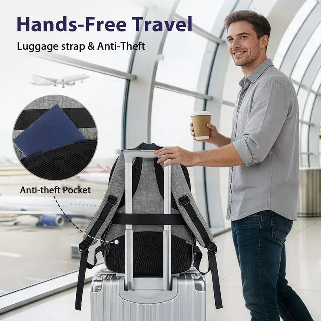 Alt view image 4 of 7 - Travel Laptop Backpack, 17 Inch Work TSA Approved Carry on Backpack, Large Computer Business Bag for Men Women with Trolley Sleeve and Anti Theft Pocket, College School Rucksack Book Bag, Grey