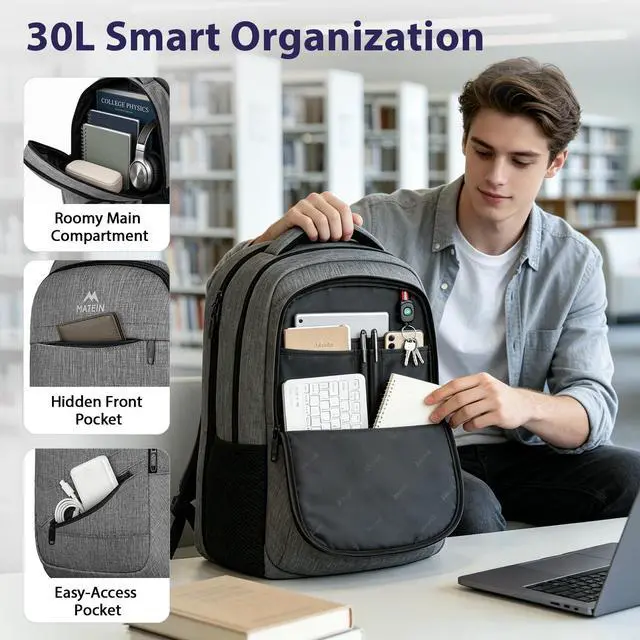 Alt view image 6 of 7 - Travel Laptop Backpack, 17 Inch Work TSA Approved Carry on Backpack, Large Computer Business Bag for Men Women with Trolley Sleeve and Anti Theft Pocket, College School Rucksack Book Bag, Grey