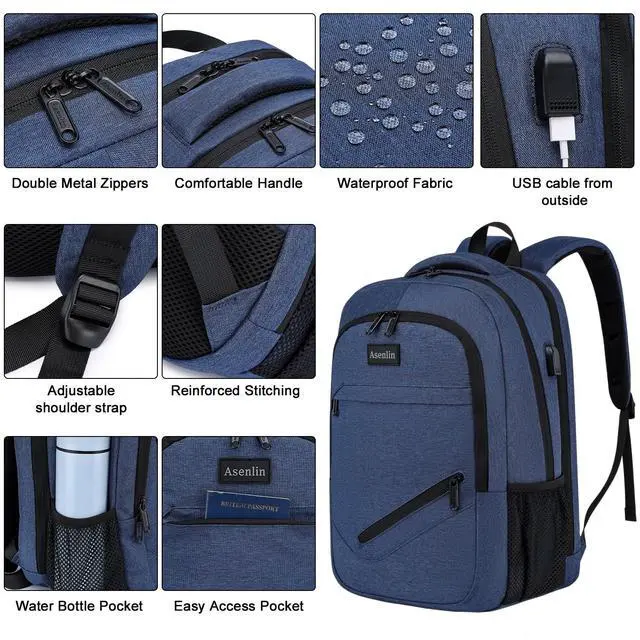 Alt view image 4 of 7 - Travel Laptop Backpack for Women & Men,Water Resistant Business Slim Sturdy Laptops Backpack with USB Charging Port,Fits 17.3 Inch Notebook College School Computer Bag-Blue