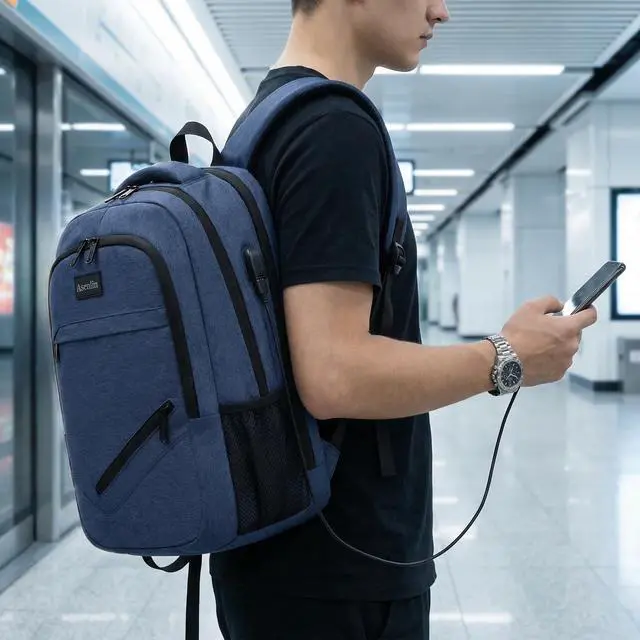 Alt view image 7 of 7 - Travel Laptop Backpack for Women & Men,Water Resistant Business Slim Sturdy Laptops Backpack with USB Charging Port,Fits 17.3 Inch Notebook College School Computer Bag-Blue