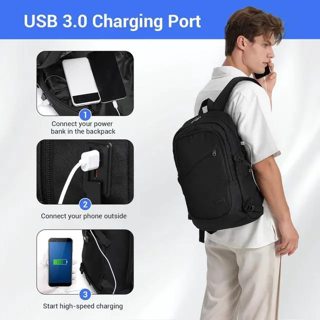 Alt view image 3 of 7 - Travel Laptop Backpack with USB Charging Port, Business Anti Theft Slim Sturdy Personal Item Bag, Water Resistant College Computer Daypack for Men & Women Fits 15.6 Inch Notebook, Black
