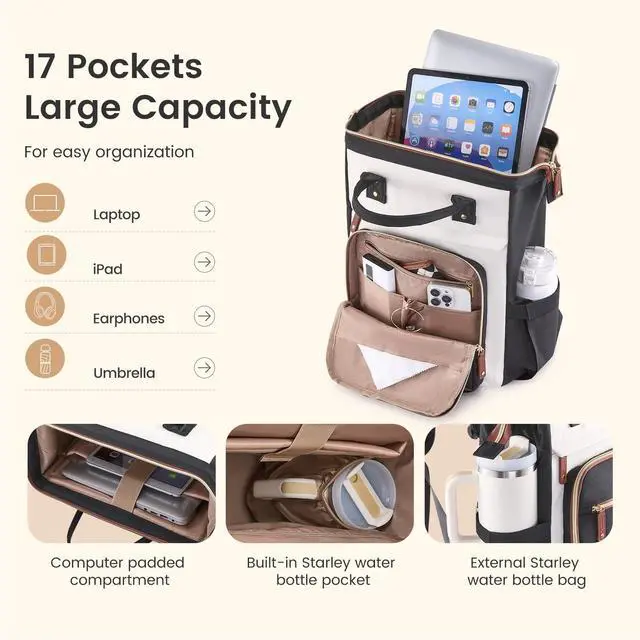 Alt view image 2 of 6 - Laptop Backpack Women, 15.6 Inch Work Backpack with Large Capacity Cup, Waterproof Travel Computer Backpacks Purse, College Bookbag for School, Business, Teacher