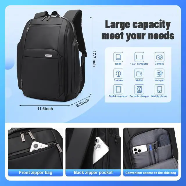 Alt view image 5 of 7 - Expandable Business Laptop Backpack,180° Full Open TSA Friendly Travel Bag,15.6 inch Slim Commuter Backpack with USB Port,Water Resistant Professional Office Daypack,Black