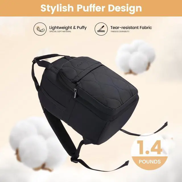 Alt view image 4 of 6 - Laptop Backpack for Women, College Travel Backpack Puffer Womens Backpack for 17.3 Inch Laptop, Computer Water-Resistant Quilted Casual Daypack, Black