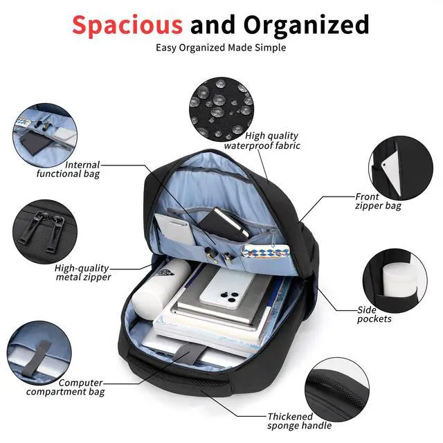 Alt view image 4 of 7 - Slim Business Laptop Backpack, Water Resistant Travel Backpack, Durable Computer Bag, Fits 15.6 Inch Laptop, Black.