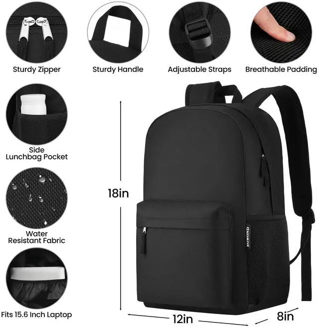 Alt view image 2 of 6 - Unisex Black Backpack for School & Travel - Lightweight Laptop Backpack Fits 15.6 Inch Notebook, Water Bottle Pocket - Ideal for Teens, College Students, Adults