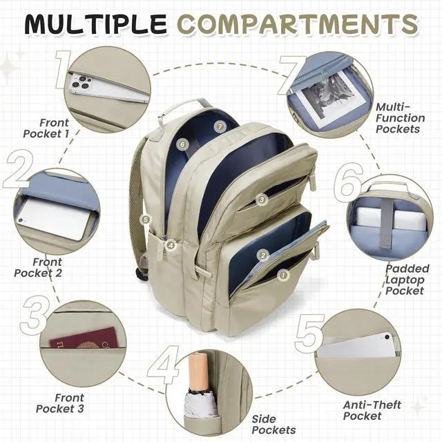 Alt view image 2 of 7 - Casual Laptop Backpack for Women Work Travel Daypack Bags, Lightweight Waterproof Backpacks with 2 Large Main Compartments, Anti Theft Slim Sturdy Back Pack, 15 Laptop Sleeve, Brown