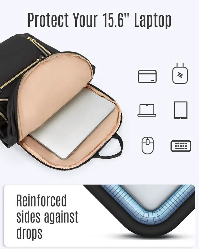 Alt view image 4 of 7 - Women's Laptop Backpack Fit for 15.6 Inch for Travel Work Business College, Large Capacity Stylish Bookbag with USB Port and Water-Resistant for Daily Use,Black