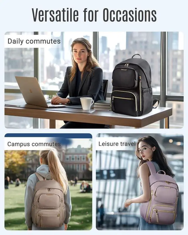 Alt view image 5 of 7 - Women's Laptop Backpack Fit for 15.6 Inch for Travel Work Business College, Large Capacity Stylish Bookbag with USB Port and Water-Resistant for Daily Use,Black