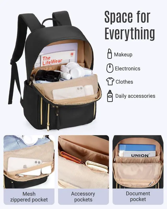 Alt view image 3 of 7 - Women's Laptop Backpack Fit for 15.6 Inch for Travel Work Business College, Large Capacity Stylish Bookbag with USB Port and Water-Resistant for Daily Use,Black