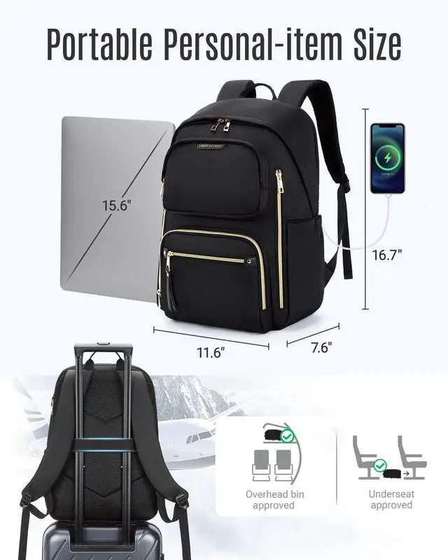 Alt view image 6 of 7 - Women's Laptop Backpack Fit for 15.6 Inch for Travel Work Business College, Large Capacity Stylish Bookbag with USB Port and Water-Resistant for Daily Use,Black