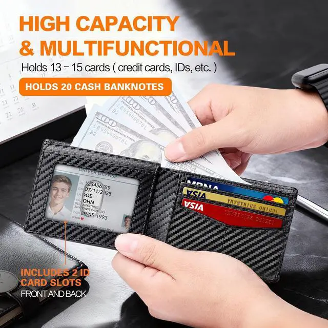 Alt view image 4 of 7 - Wallet for Men Slim RFID Blocking Bifold Carbon Fiber,Minimalist Small Compact Front Pocket Credit Card Holder,Thin Mens Leather Wallets Smart Security With 2 ID Windows 1 Cash,Birthday Gifts for Men