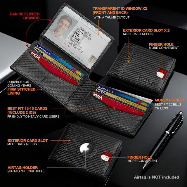 Alt view image 6 of 7 - Wallet for Men Slim RFID Blocking Bifold Carbon Fiber,Minimalist Small Compact Front Pocket Credit Card Holder,Thin Mens Leather Wallets Smart Security With 2 ID Windows 1 Cash,Birthday Gifts for Men