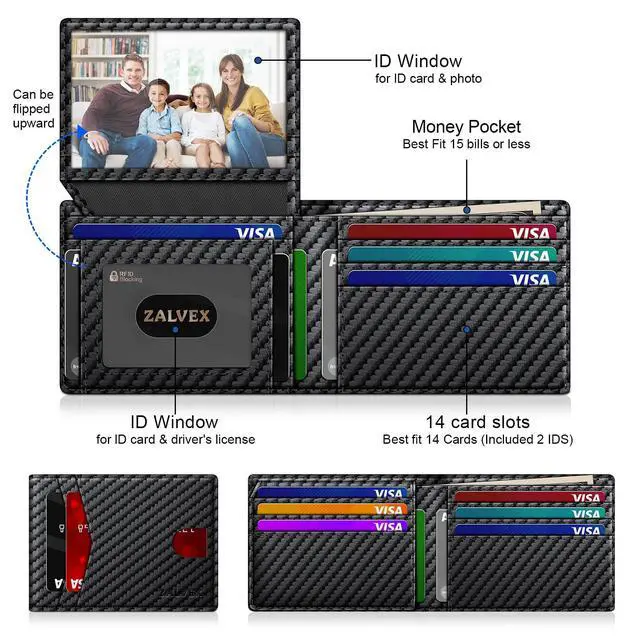 Alt view image 2 of 7 - Wallet for Men Slim RFID Blocking Leather Credit Card Holder Wallet for 14 Cards, Bifold Minimalist Thin Wallet with 2 ID Windows & Cash Slot, Front Pockt Carteras Para Hombres, Birthday Gifts for Men