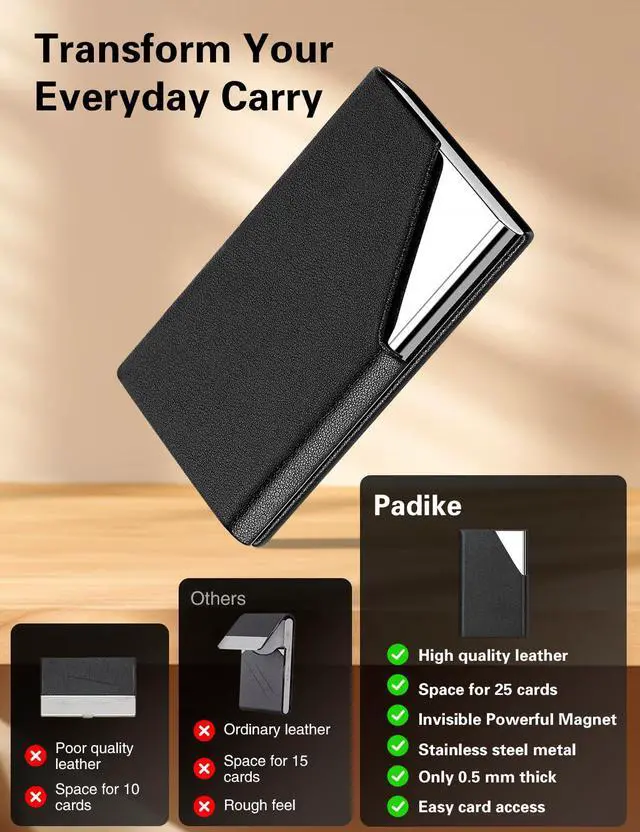 Alt view image 2 of 7 - Business Card Holder, Upgraded Leather Business Card Case Pocket Card Holders for Men or Women, Metal Slim Name Card Holder RFID Blocking Business Card Carrier with Magnetic Closure(Black)