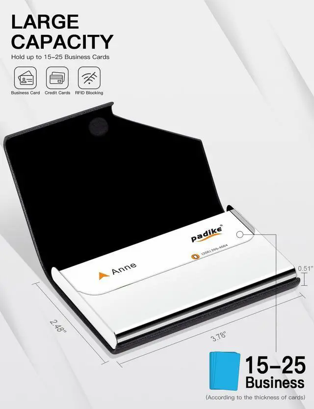 Alt view image 4 of 7 - Business Card Holder, Upgraded Leather Business Card Case Pocket Card Holders for Men or Women, Metal Slim Name Card Holder RFID Blocking Business Card Carrier with Magnetic Closure(Black)