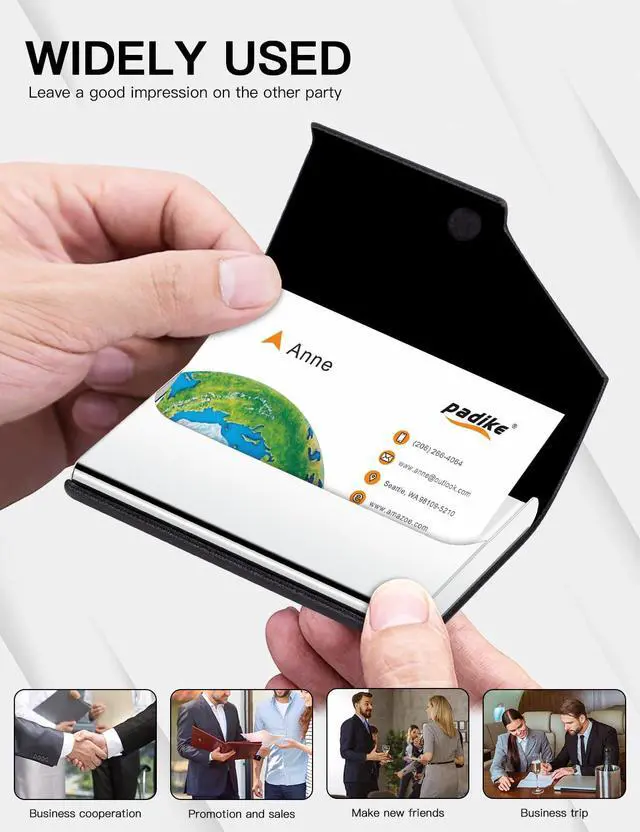 Alt view image 5 of 7 - Business Card Holder, Upgraded Leather Business Card Case Pocket Card Holders for Men or Women, Metal Slim Name Card Holder RFID Blocking Business Card Carrier with Magnetic Closure(Black)