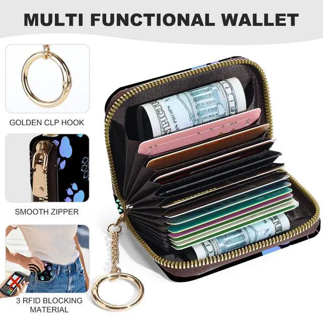 Alt view image 2 of 6 - Credit Card Holder for Women,Small Rfid Wallet with Keychain Zipper,Cute PU Leather Card Case WalletAccordion Credit Card Wallets Gift,Colorful Paw Prints