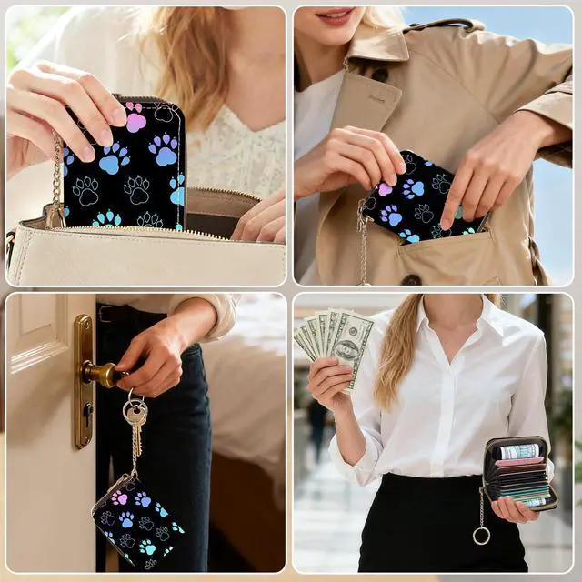 Alt view image 5 of 6 - Credit Card Holder for Women,Small Rfid Wallet with Keychain Zipper,Cute PU Leather Card Case WalletAccordion Credit Card Wallets Gift,Colorful Paw Prints