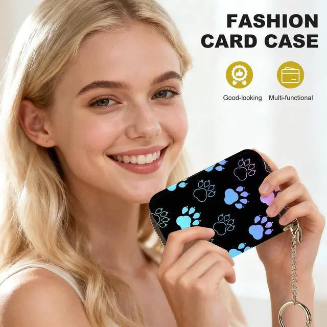 Alt view image 6 of 6 - Credit Card Holder for Women,Small Rfid Wallet with Keychain Zipper,Cute PU Leather Card Case WalletAccordion Credit Card Wallets Gift,Colorful Paw Prints