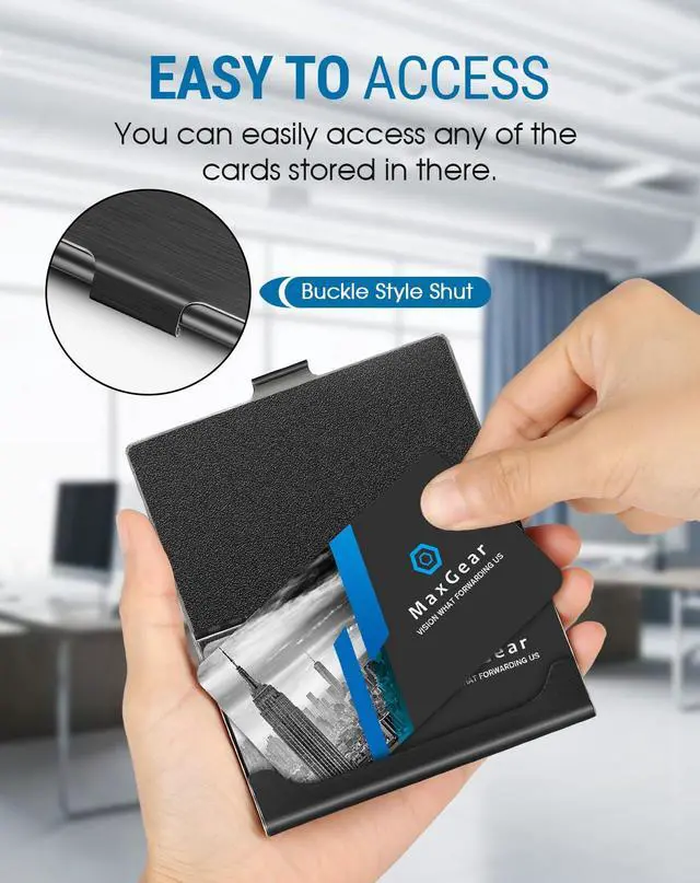 Alt view image 2 of 7 - Metal Business Card Holder for Men & Women, Professional Stainless Steel Card Case for Business Cards, Slim Purse Name Card Holders with Interior Lining, Buckle Style Shut, Black