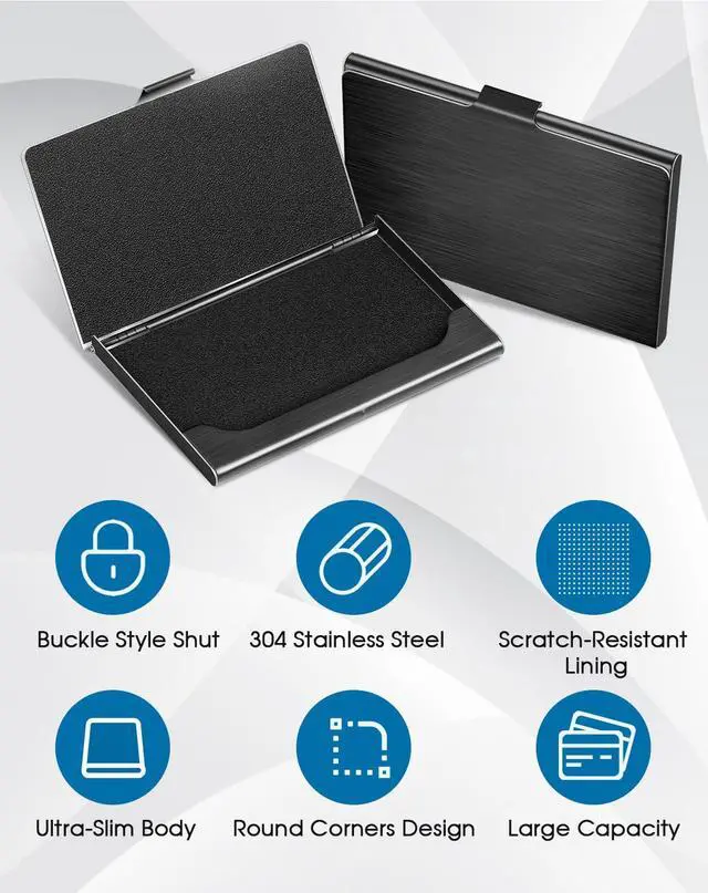 Alt view image 4 of 7 - Metal Business Card Holder for Men & Women, Professional Stainless Steel Card Case for Business Cards, Slim Purse Name Card Holders with Interior Lining, Buckle Style Shut, Black