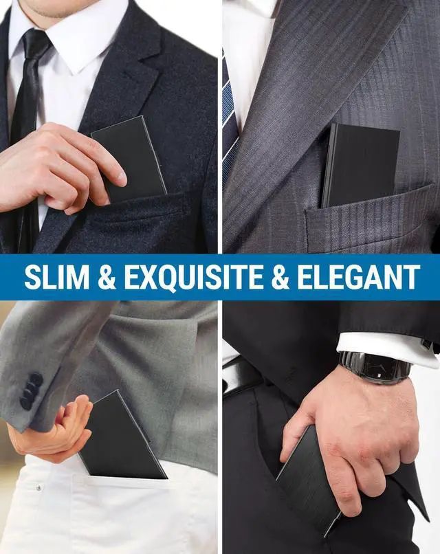 Alt view image 6 of 7 - Metal Business Card Holder for Men & Women, Professional Stainless Steel Card Case for Business Cards, Slim Purse Name Card Holders with Interior Lining, Buckle Style Shut, Black