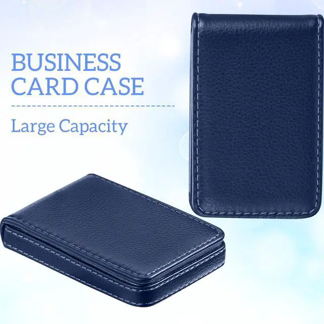 Alt view image 4 of 6 - 2 Pieces Business Card Holder, PU Leather Business Card Case Pocket Wallet with Magnetic Shut for Valentines Gift Men Women(Blue,Classic)