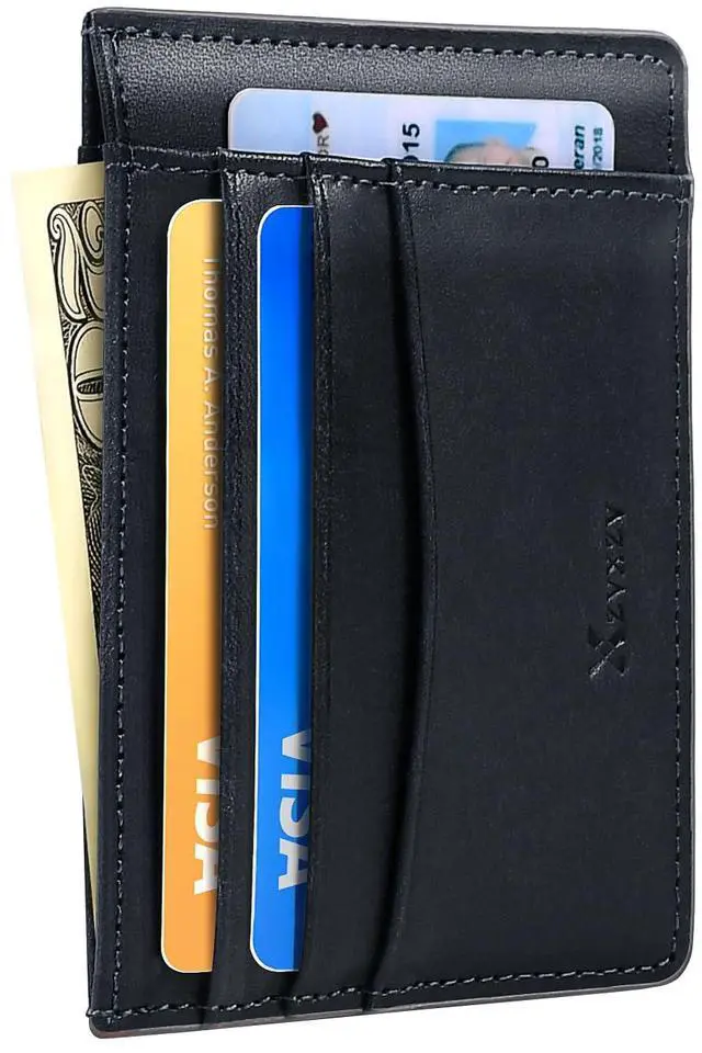 Main image of Men's Slim Wallet Italian Pebbled Leather Minimalist Front Pocket RFID Blocking Credit Card Holder with Gift Box Navy Blue