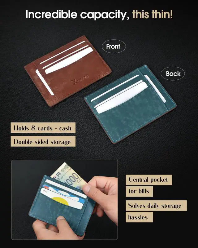 Alt view image 3 of 7 - Men's Slim Wallet Italian Pebbled Leather Minimalist Front Pocket RFID Blocking Credit Card Holder with Gift Box Navy Blue