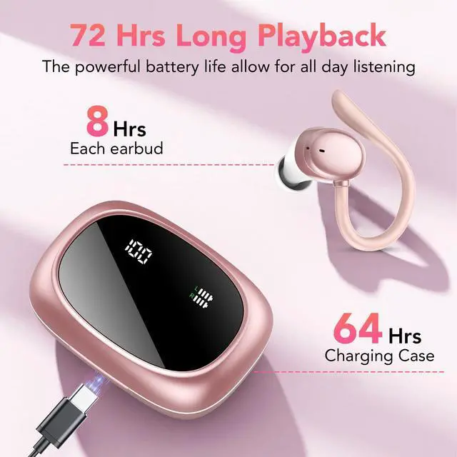 Alt view image 3 of 7 - Bluetooth Headphones Wireless Earbuds 72hrs Playtime Wireless Charging Case Digital Display, Ear Buds with Earhook,IPX7 Waterproof, Deep Bass 2.0,Over-Ear Earphones for Sport Running
