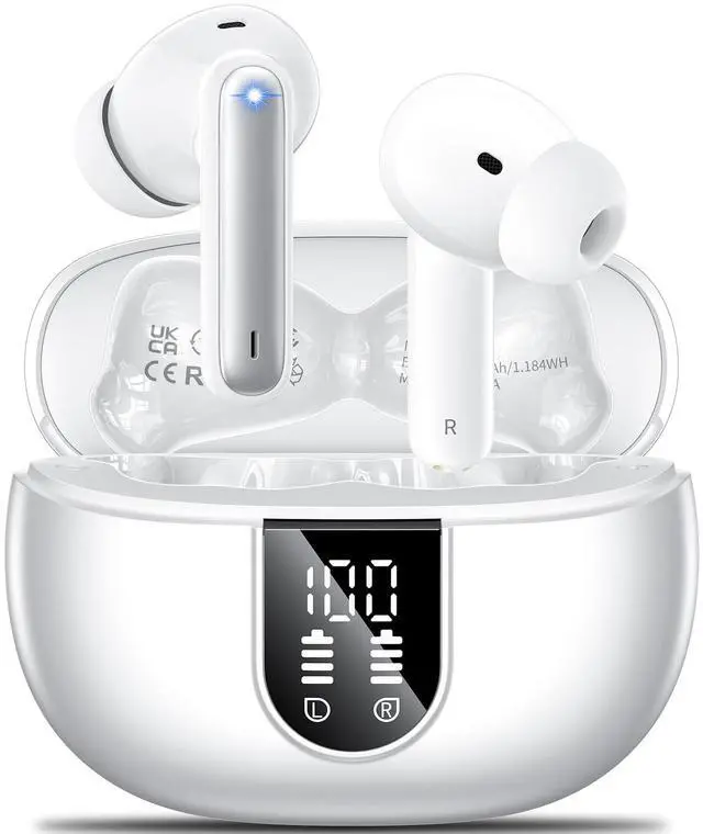 Main image of Wireless Earbuds, 2024 Wireless Headphones HiFi Stereo Earphones with 4 ENC Noise Canceling Mic, 42Hs Playtime In Ear Earbud, Bluetooth 5.3 Sport Earphones with LED Power Display for Android iOS White