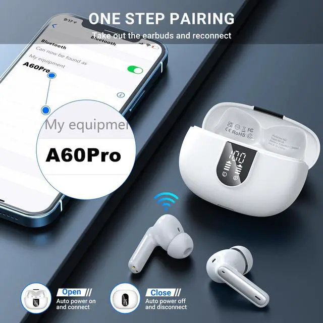 Alt view image 5 of 7 - Wireless Earbuds, 2024 Wireless Headphones HiFi Stereo Earphones with 4 ENC Noise Canceling Mic, 42Hs Playtime In Ear Earbud, Bluetooth 5.3 Sport Earphones with LED Power Display for Android iOS White