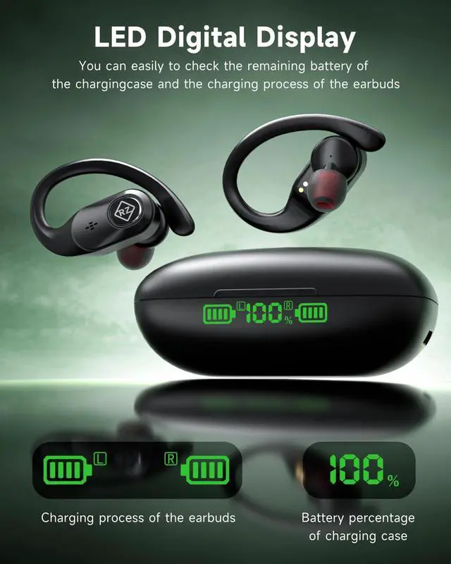 Alt view image 2 of 6 - Wireless Earbuds Bluetooth Headphones 96H Playtime LED Display Waterproof Built in Mic Deep Bass Sound Secure Over Ear buds Earhooks for iPhone Android Samsung Cell Phones Sport Workout Gaming Running