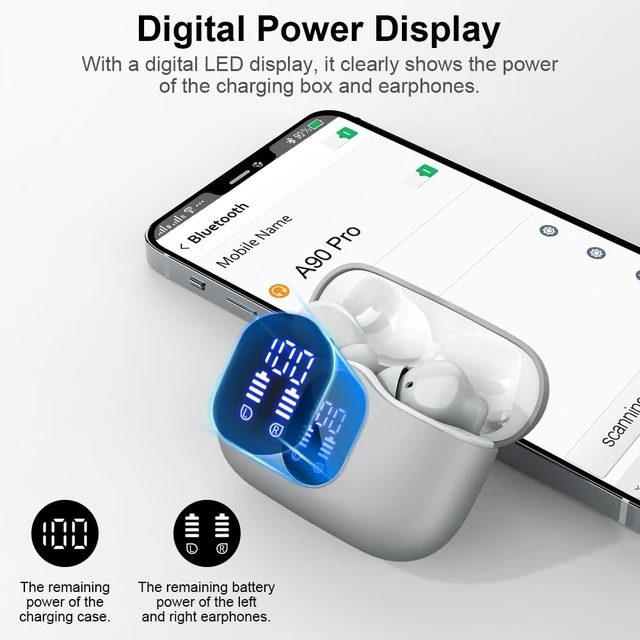 Alt view image 6 of 7 - Btootos Hi-Fi Deep Bass Ear Buds in-Ear Headphones, Graphite Gray | LED Display, IP5 Waterproof, Touch Control Bluetooth Earphones