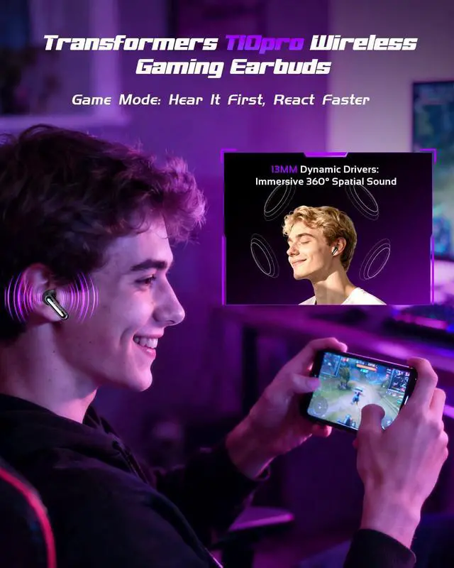 Alt view image 3 of 7 - Official Bumblebee Wireless Gaming Earbuds, Bluetooth 6.0 Headphones, Open Mech Case with LED Lights, 24H Battery, IPX3 Waterproof, in-Ear Headphones for iPhone Android - Black