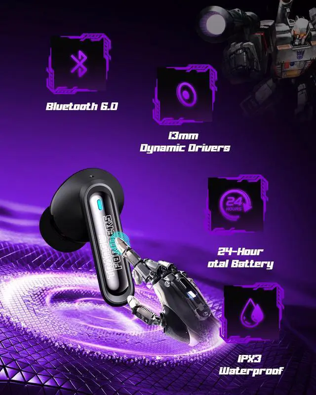 Alt view image 7 of 7 - Official Bumblebee Wireless Gaming Earbuds, Bluetooth 6.0 Headphones, Open Mech Case with LED Lights, 24H Battery, IPX3 Waterproof, in-Ear Headphones for iPhone Android - Black