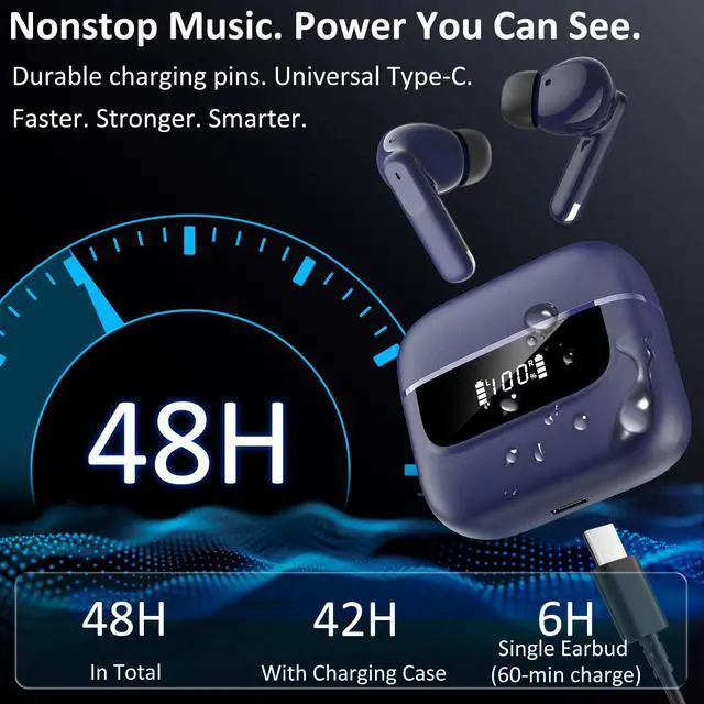 Alt view image 6 of 7 - Wireless Earbuds Bluetooth 5.4, 6 Mic ENC Noise Cancelling Clear Call, in Ear Buds Deep Bass HiFi Stereo Sound, Big Dual LED Display 48H Playtime Earphones, IPX7 Waterproof Headphones for Android iOS