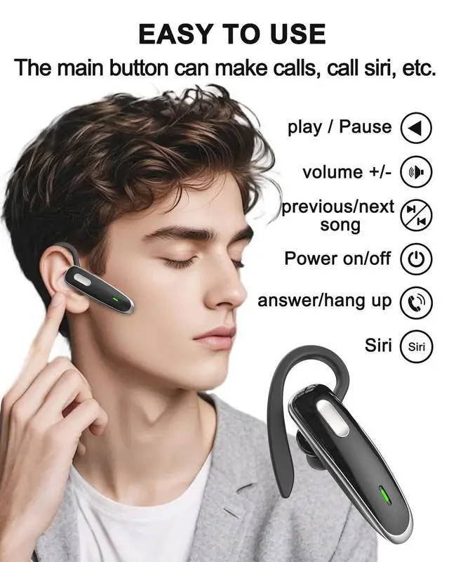 Alt view image 2 of 7 - Bluetooth Headset V5.1, Wireless Hands-Free Earpiece with Noise Cancellation, Built-in Microphone for iPhone Android Business Calls - Black