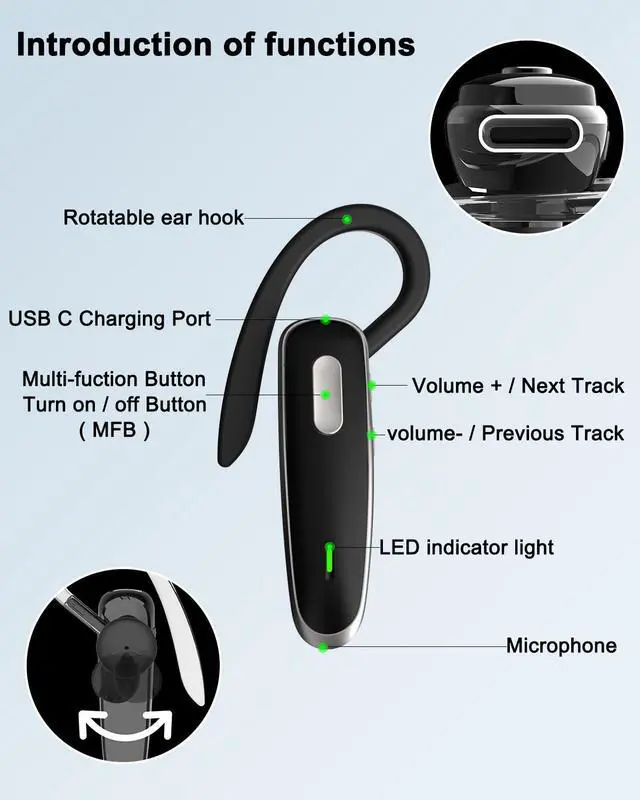 Alt view image 7 of 7 - Bluetooth Headset V5.1, Wireless Hands-Free Earpiece with Noise Cancellation, Built-in Microphone for iPhone Android Business Calls - Black